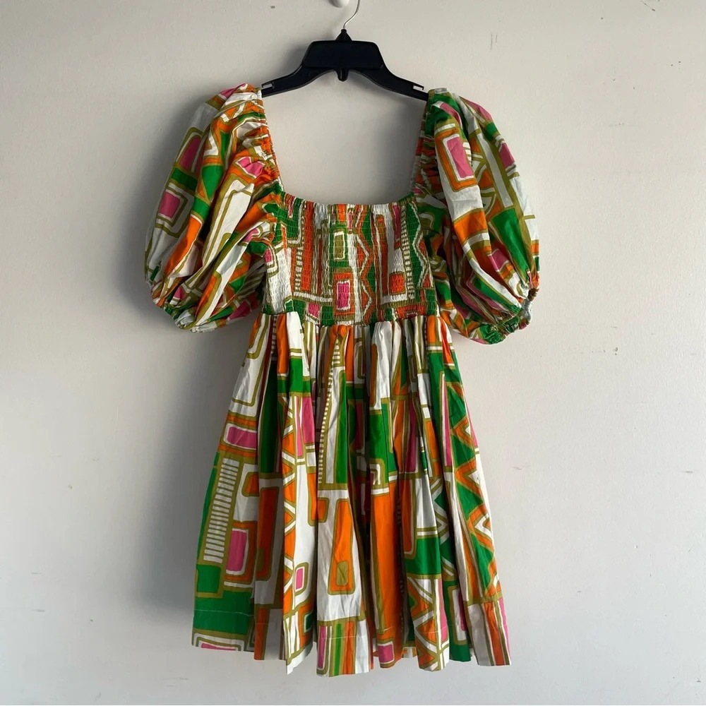 S/W/F SWF Puff Sleeve Babydoll Dress green white orange 22345 - Picture 3 of 8